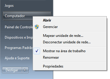 Opção gerenciar no menu Iniciar do Windows