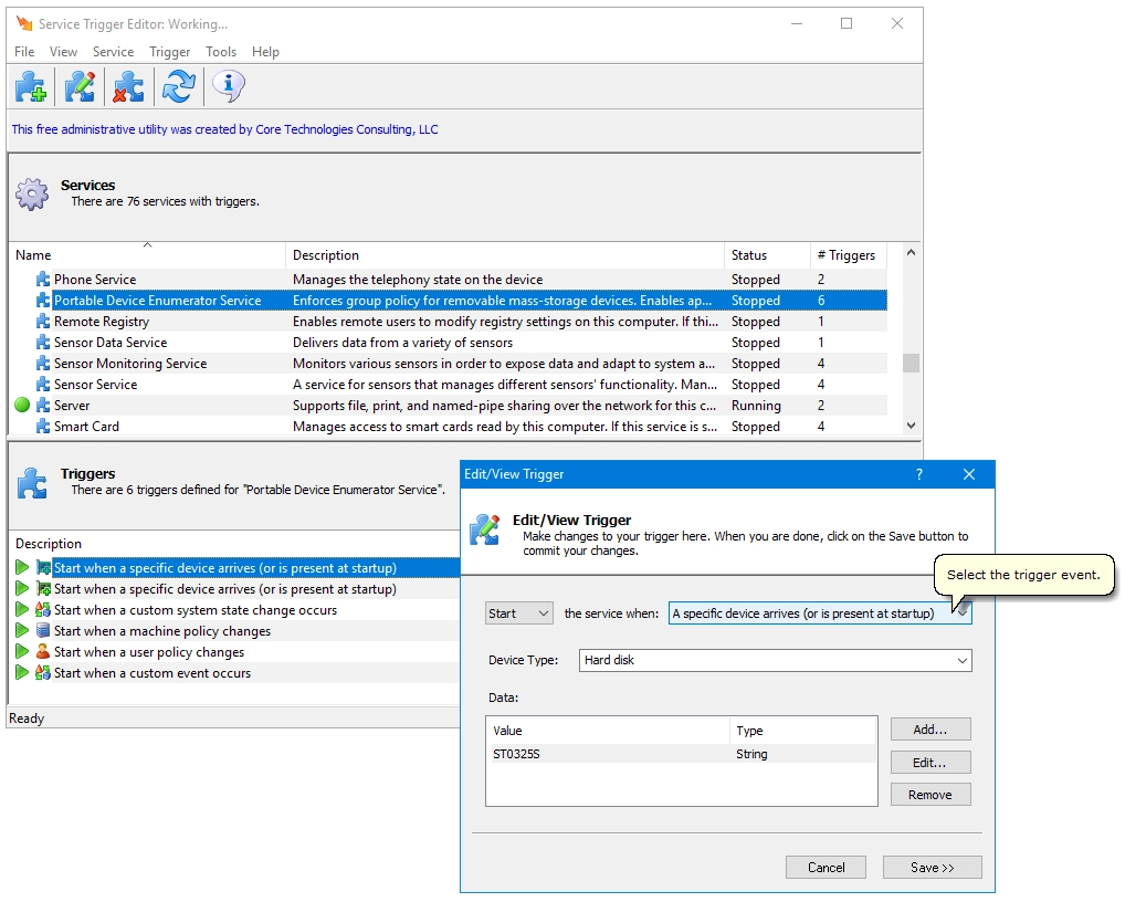 Service Trigger Editor